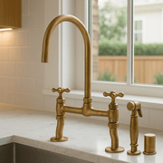 Antique Unlacquered Brass Bridge Kitchen Faucet with Side Sprayer