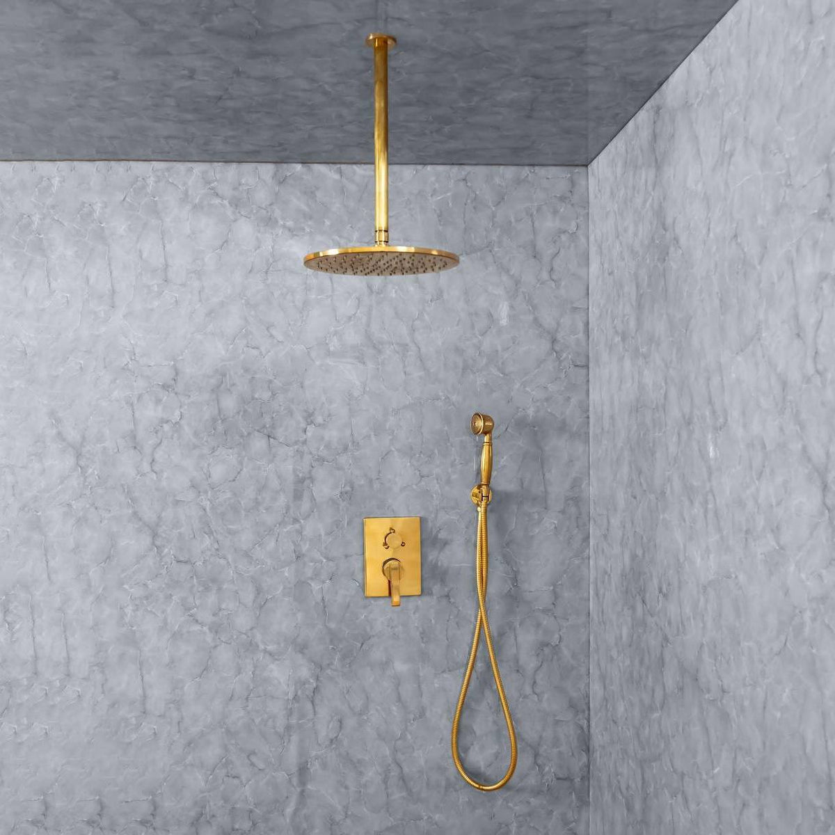 April Unlacquered Brass Ceiling Shower System with Handheld – front view