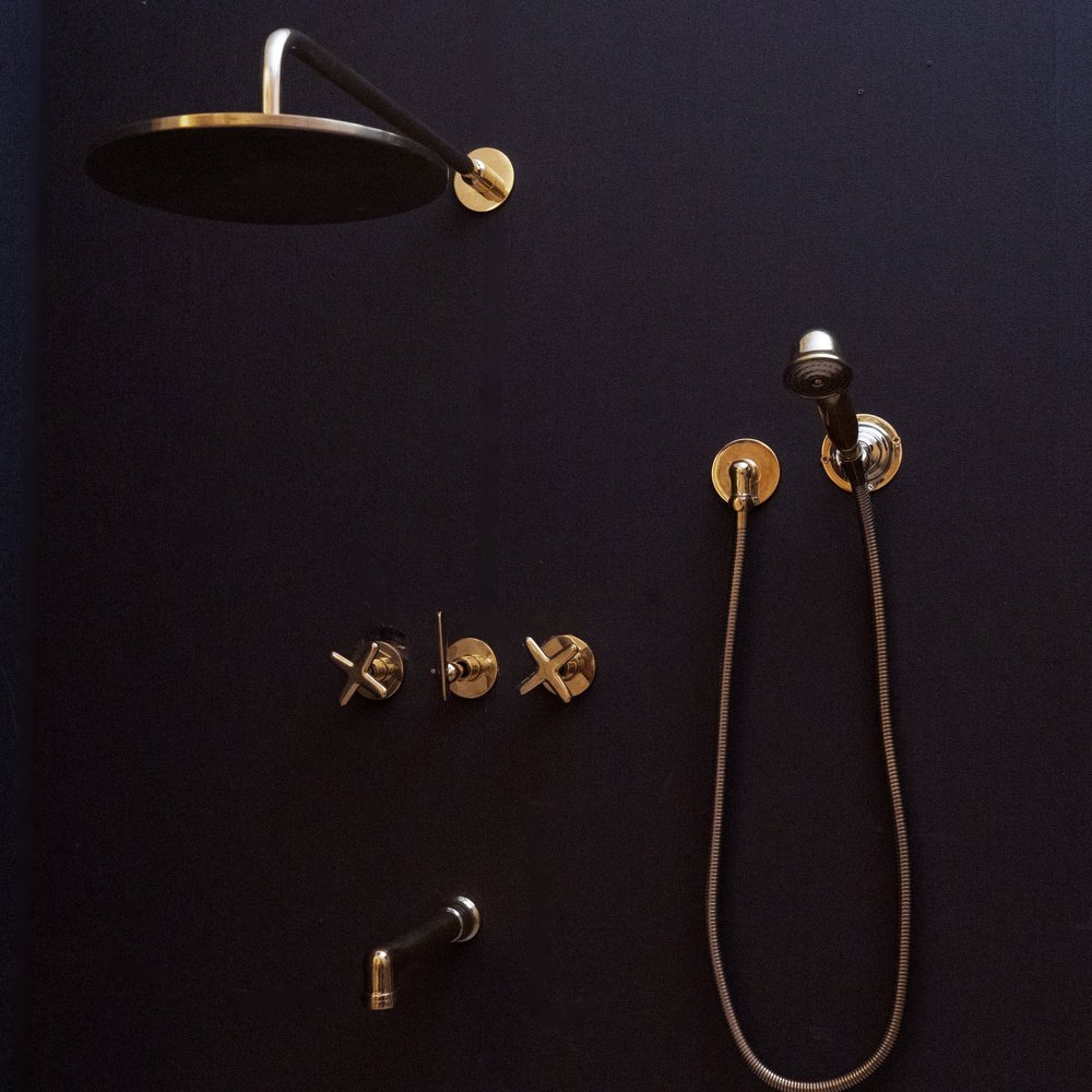 Unlacquered Brass Rain Shower System – Bali-Style Overhead – detail of handle and finish