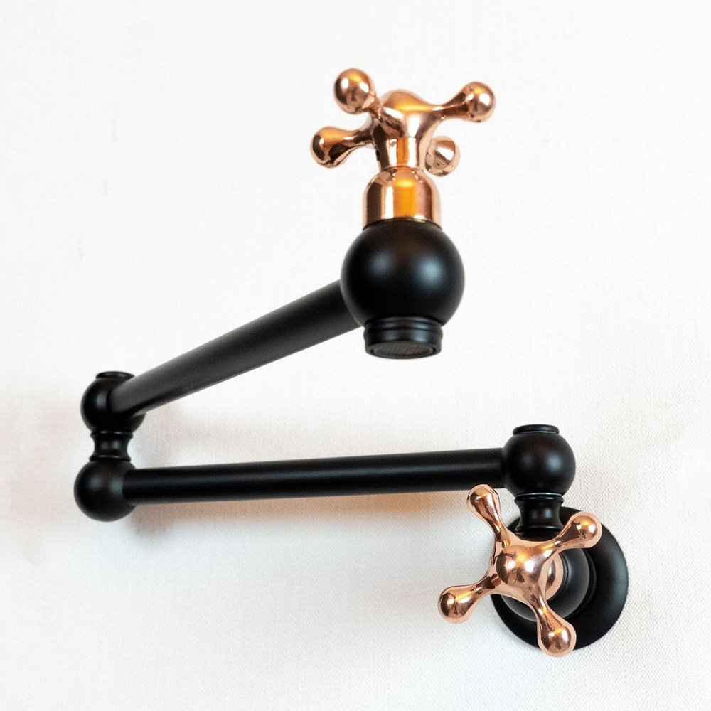 Unlacquered Brass Pot Filler Faucet – Dual-Joint Wall Mount – detail of handle and finish