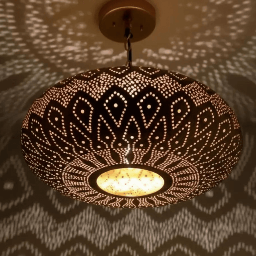 Brass Flush Pendant Light – Hand-Pierced Lotus Shadow Fixture