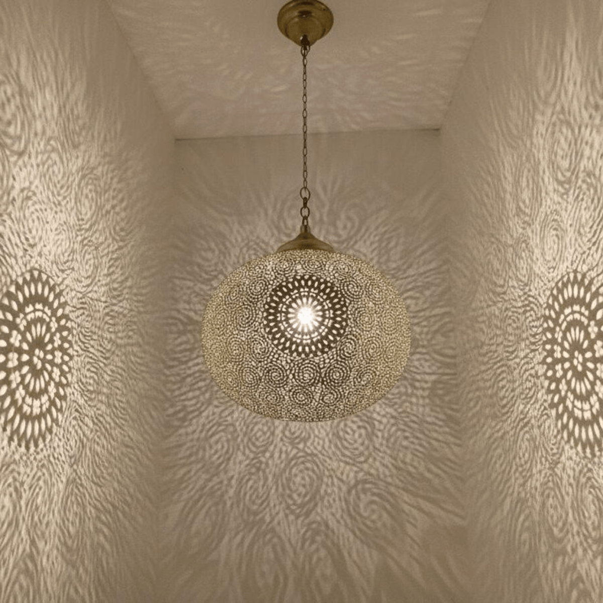 Brass Pendant Light - Boho Hanging Lamp with Shadow Patterns – front view