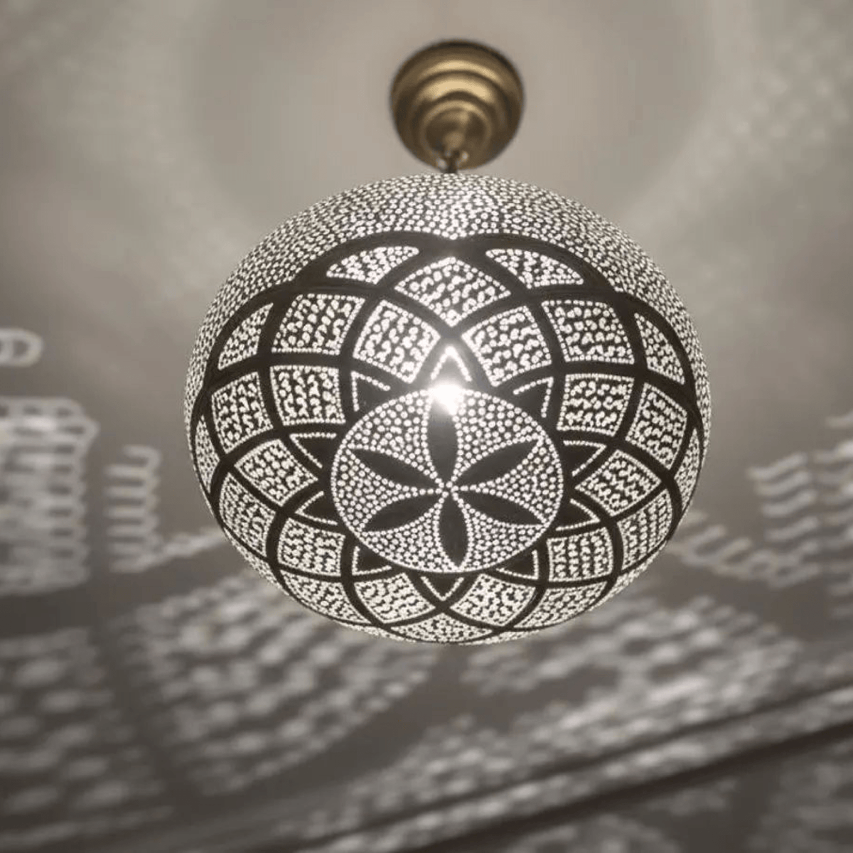 Brass Mandala Pendant Light - Floral Shadow Ceiling Lamp – front view