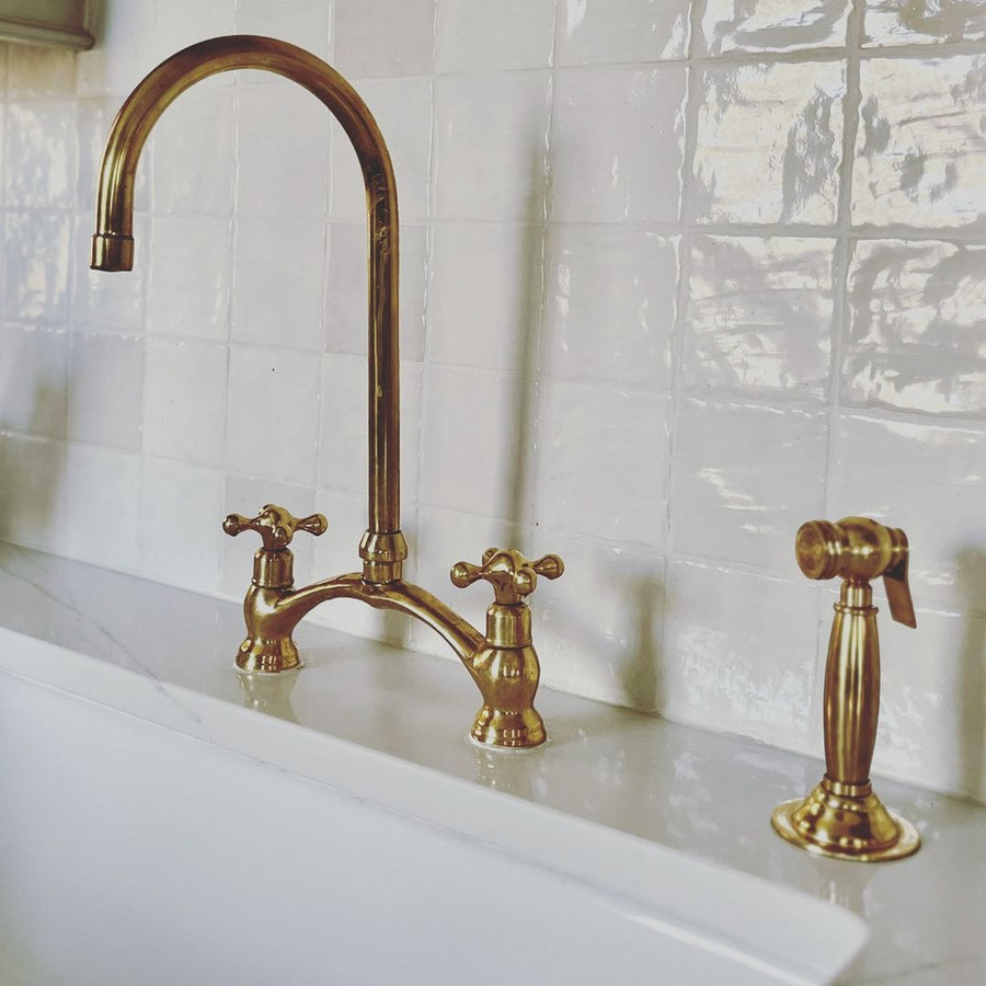 Unlacquered Brass Victorian-Style Bridge Kitchen Faucet