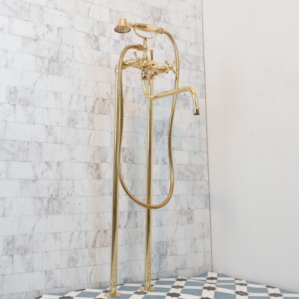 Unlacquered Brass Wall-Mounted Tub Filler with Handheld Shower