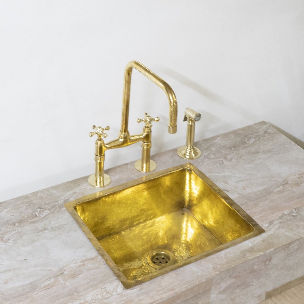 Unlacquered Brass Bridge Kitchen Faucet with Hand Sprayer