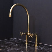 Unlacquered Brass Bridge Kitchen Faucet – Curved Legs, Cross Handles