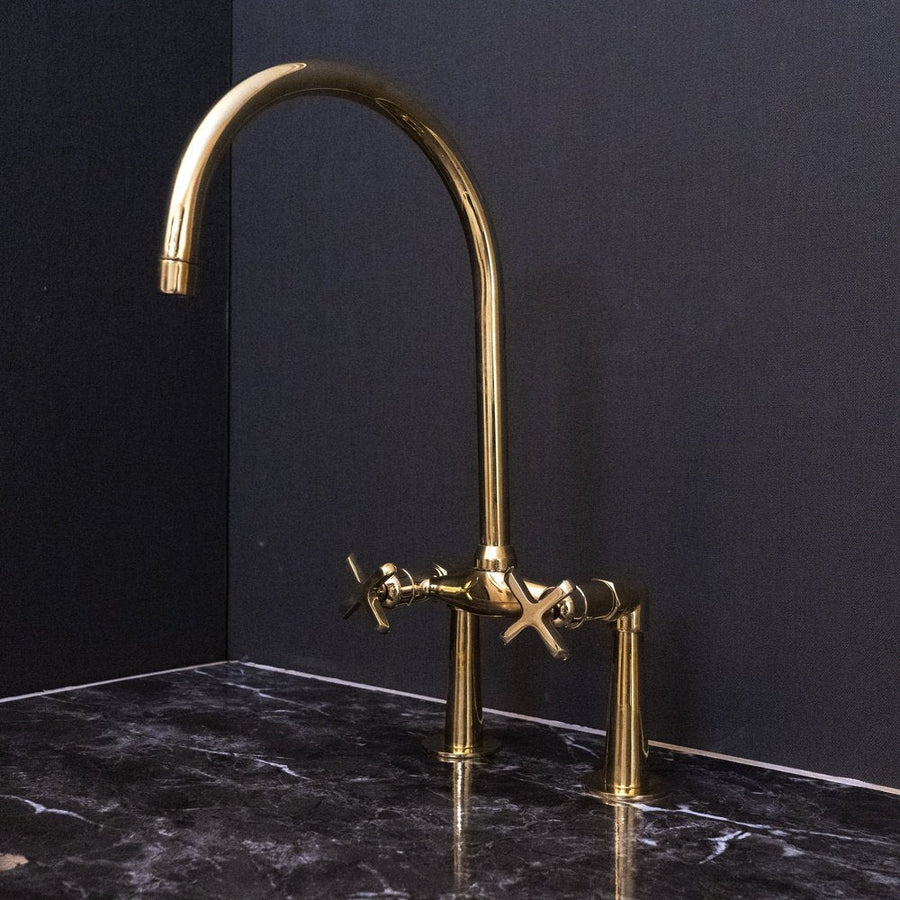 Unlacquered Brass Bridge Kitchen Faucet – Curved Legs, Cross Handles