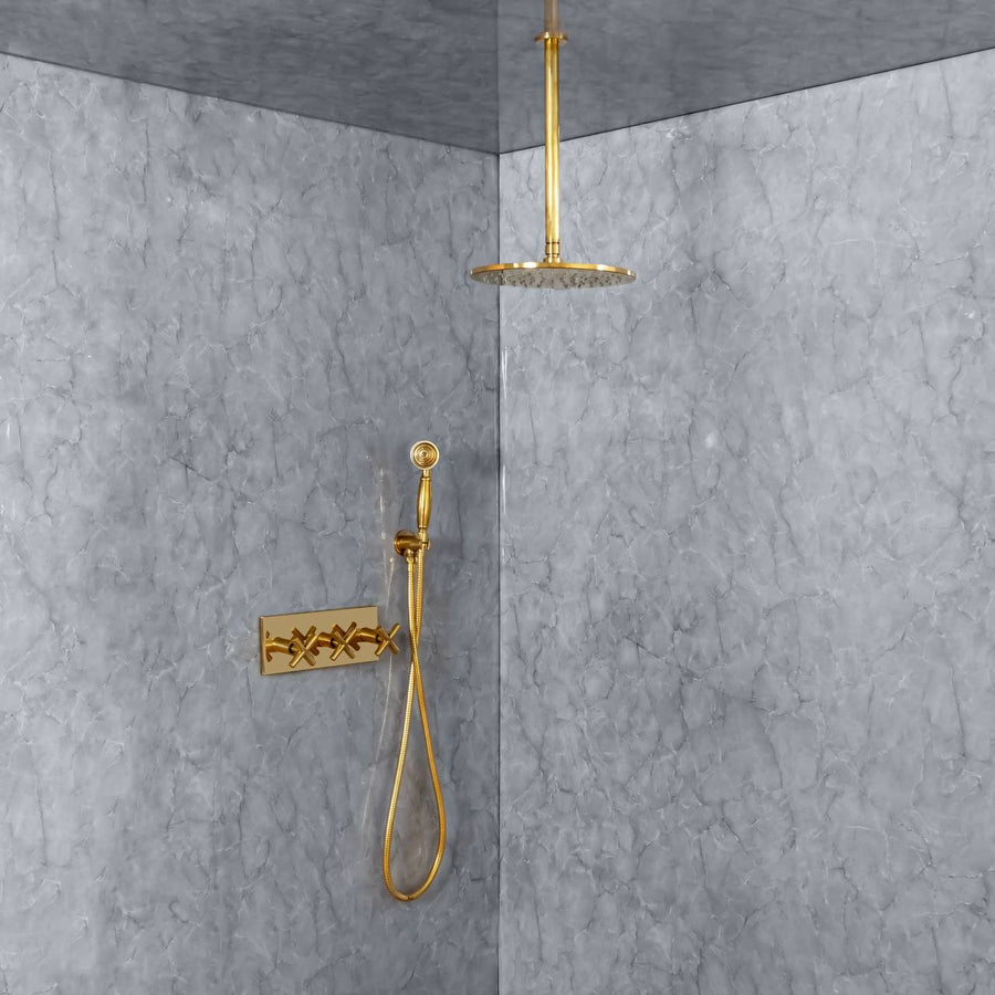 Ceiling Mount Rain Shower System with Hand Shower – Unlacquered Brass
