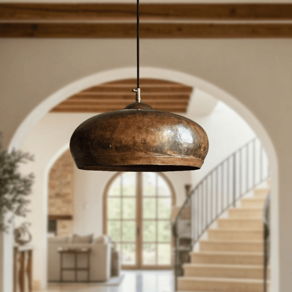 Hammered Copper Dome Pendant - Oxidized Rustic Kitchen Light – detail of hand-hammered patina finish