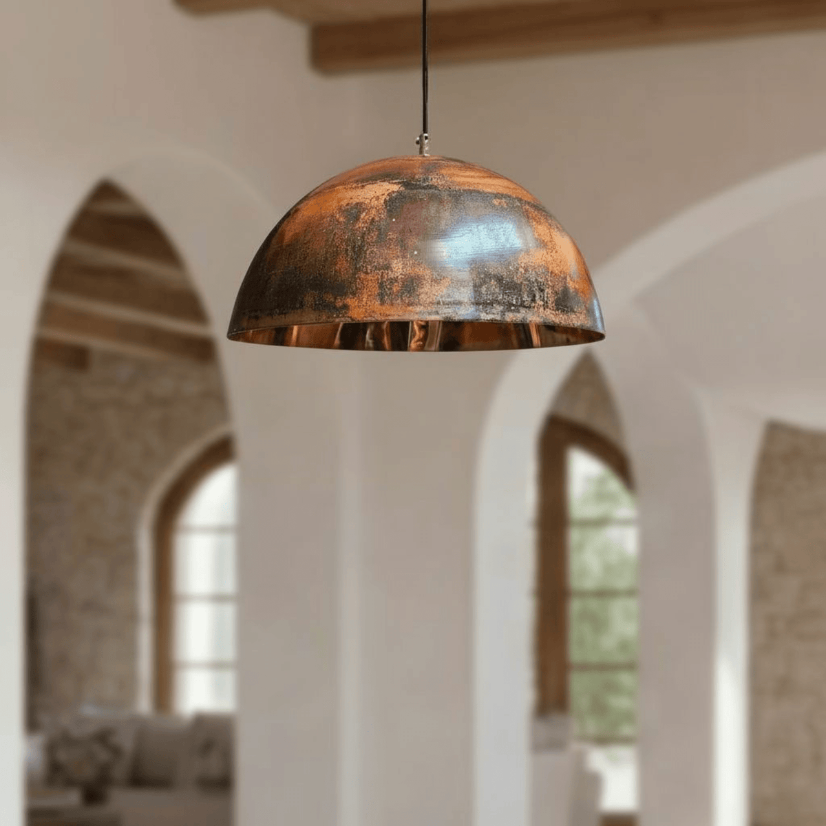 Oxidized Copper Dome Pendant - Rustic Farmhouse Kitchen Light – detail of hand-hammered patina finish