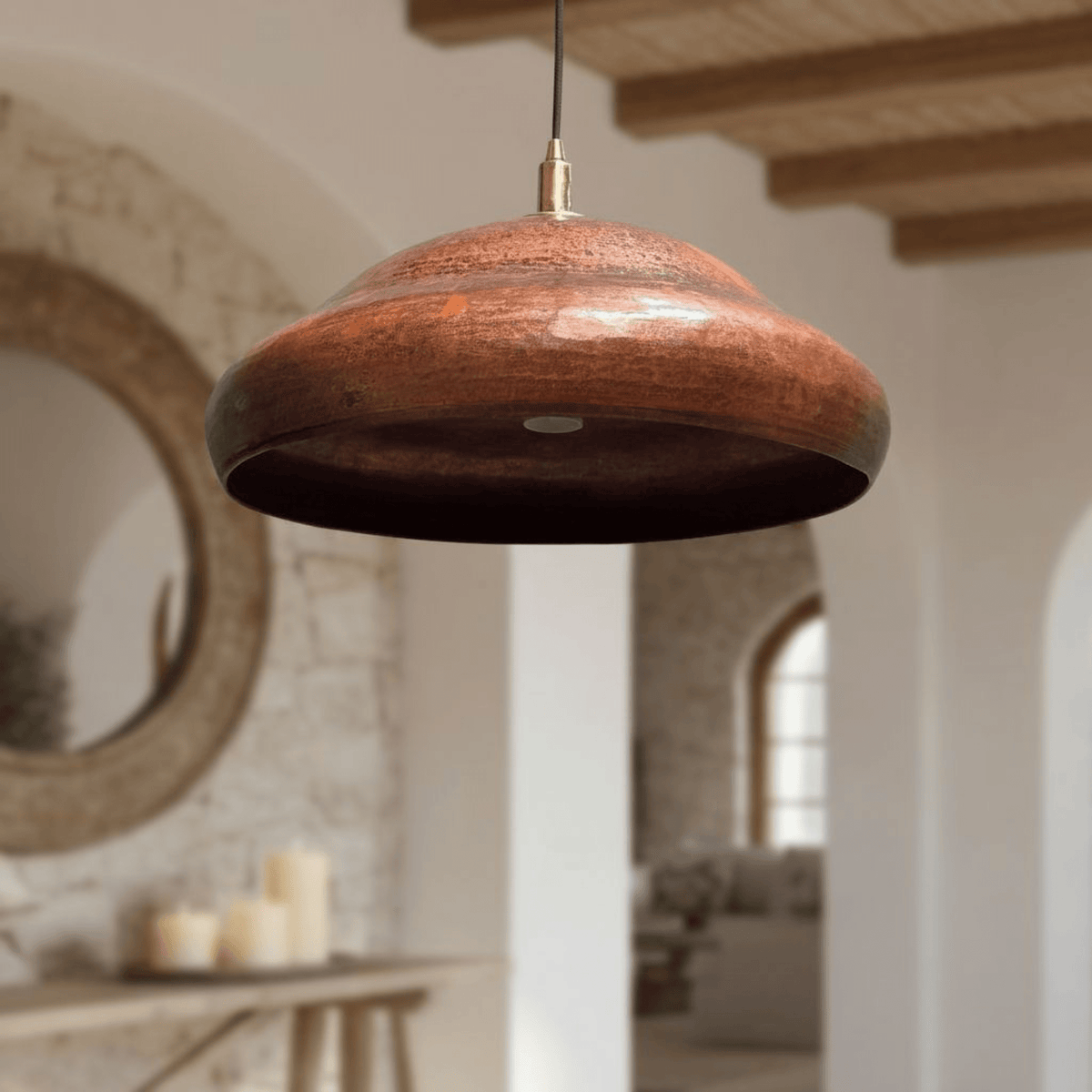 Copper Pendant Light - Rustic Dome Fixture for Kitchen Islands – detail of hand-hammered patina finish