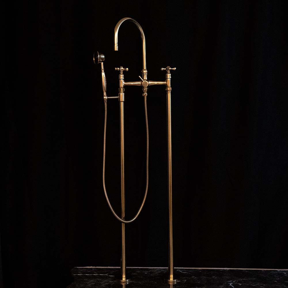 Unlacquered Brass Floor-Mounted Tub Filler with Handheld Shower