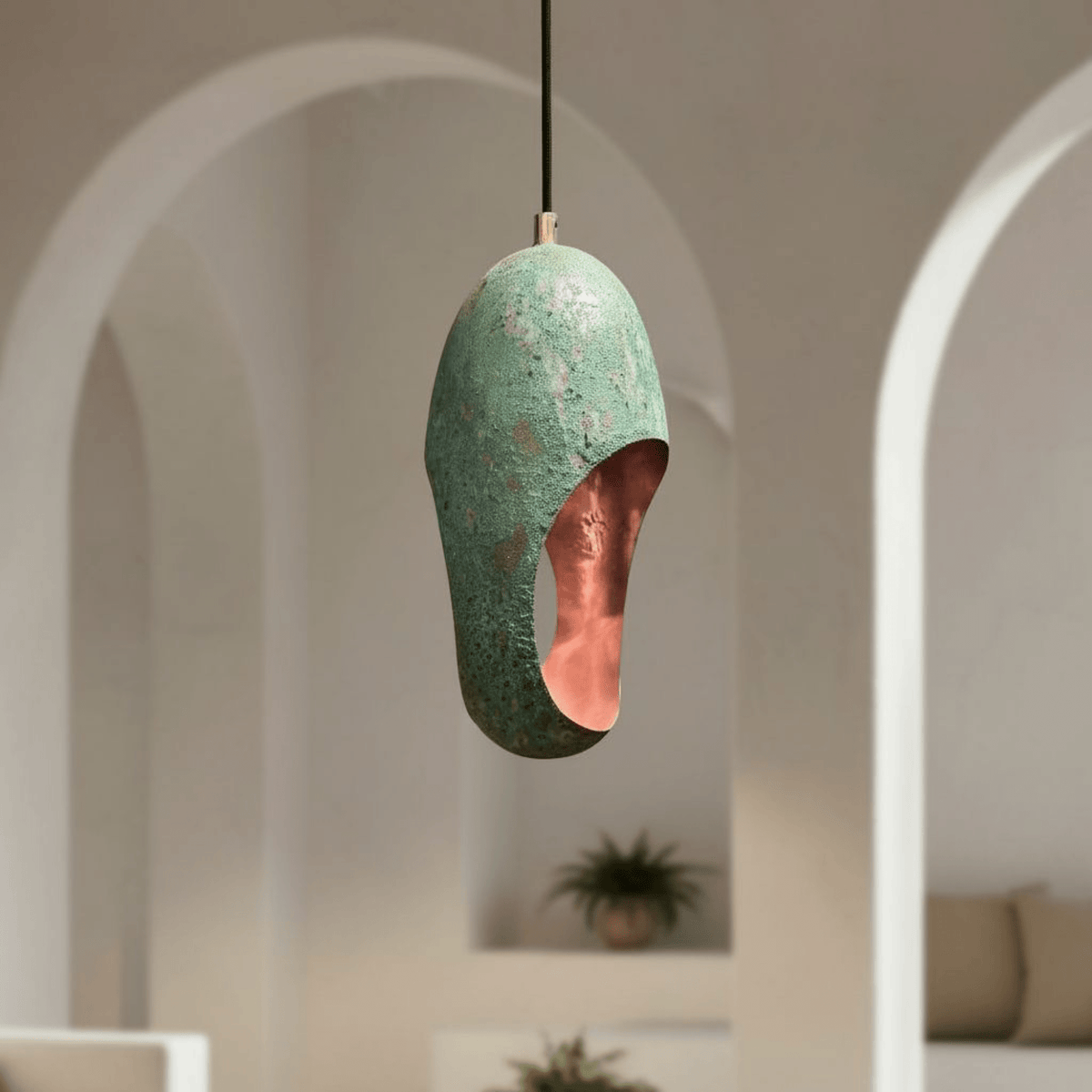Green Patina Copper Pendant - Cutout Dome Ceiling Light – front view
