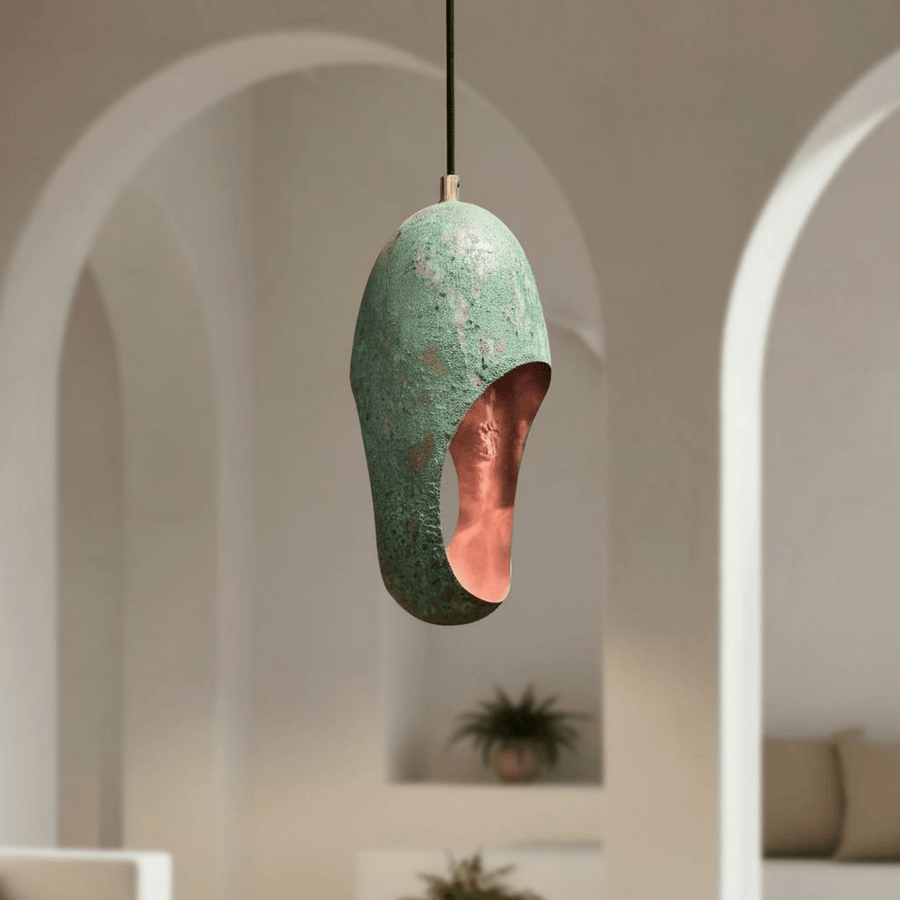 Green Patina Copper Pendant – Cutout Dome Ceiling Light