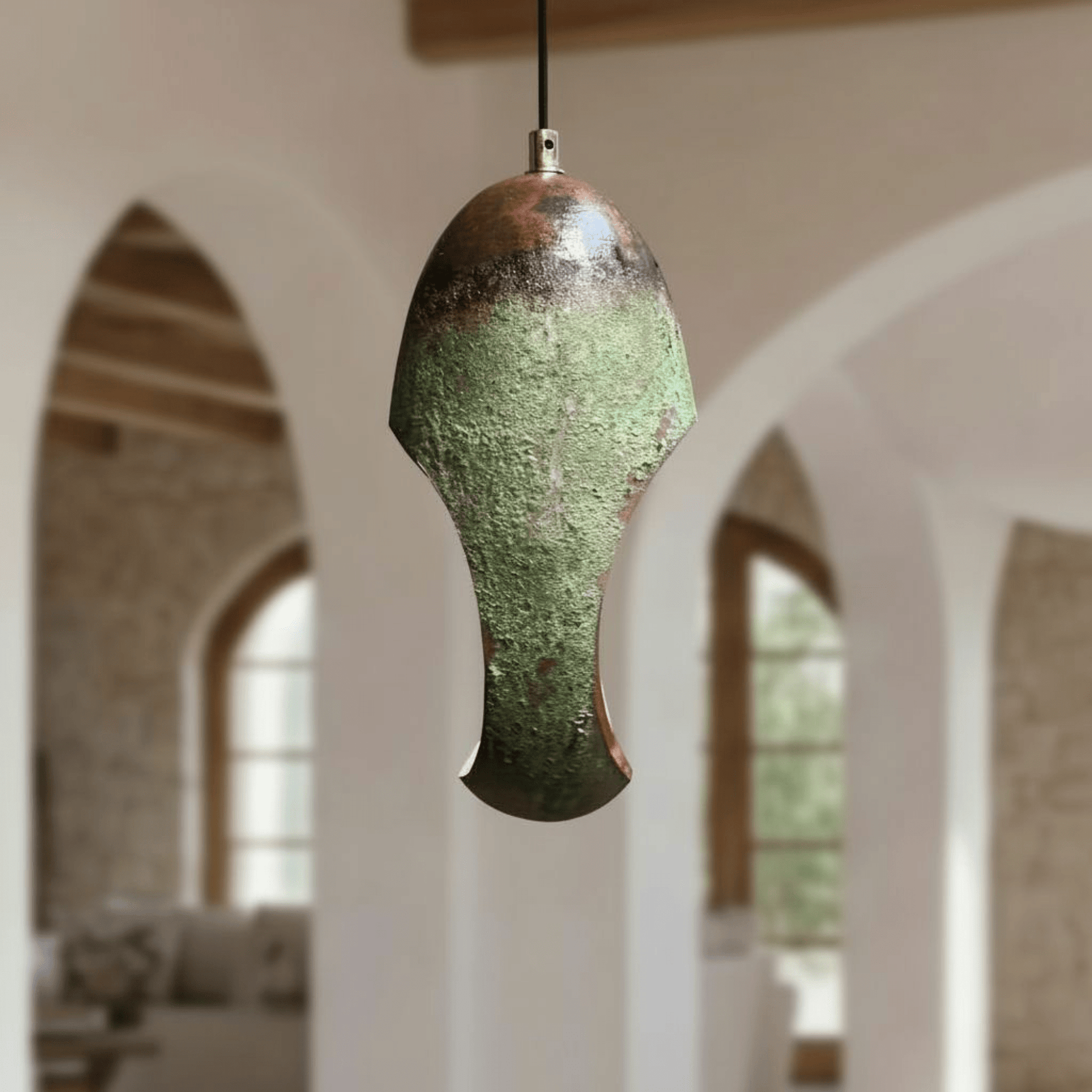 Green Patina Copper Pendant – Handmade Oval Cutout Fixture