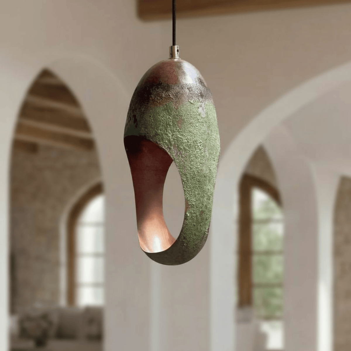 Green Patina Copper Pendant - Handmade Oval Cutout Fixture – detail of hand-hammered patina finish