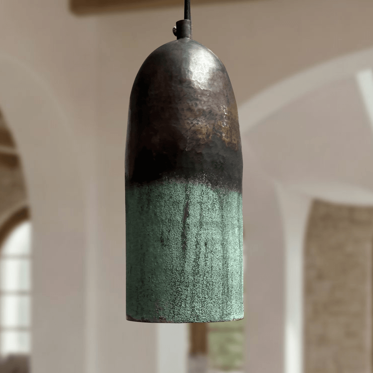 Green Patina Copper Pendant - Oxidized Cylinder Ceiling Lamp – detail of hand-hammered patina finish