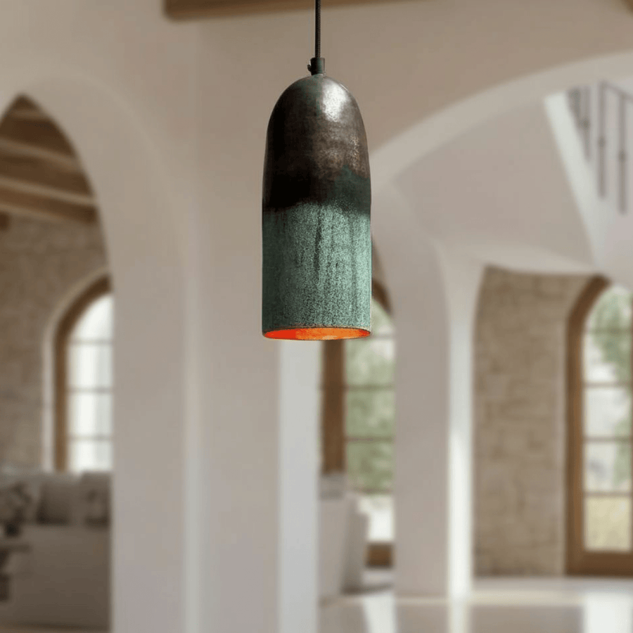 Green Patina Copper Pendant – Oxidized Cylinder Ceiling Lamp