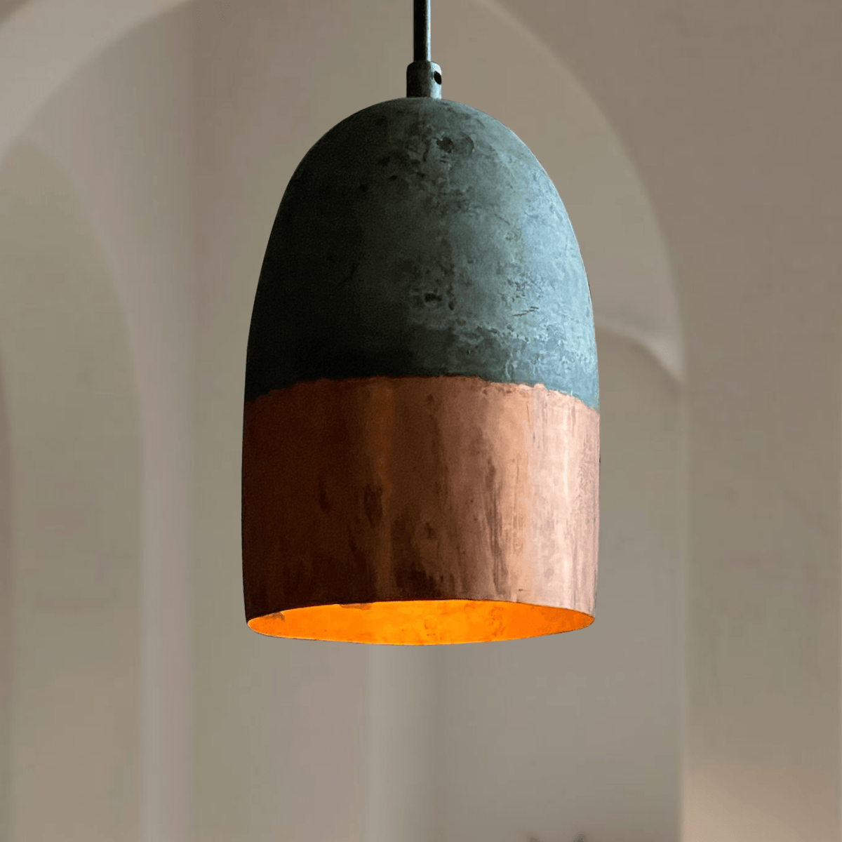 Green Patina Copper Pendant - Vintage Dining & Bar Light – detail of hand-hammered patina finish