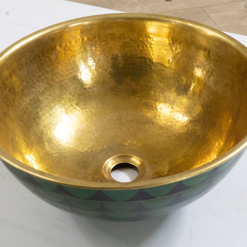 Hammered Brass and Wood Vessel Sink - detail view