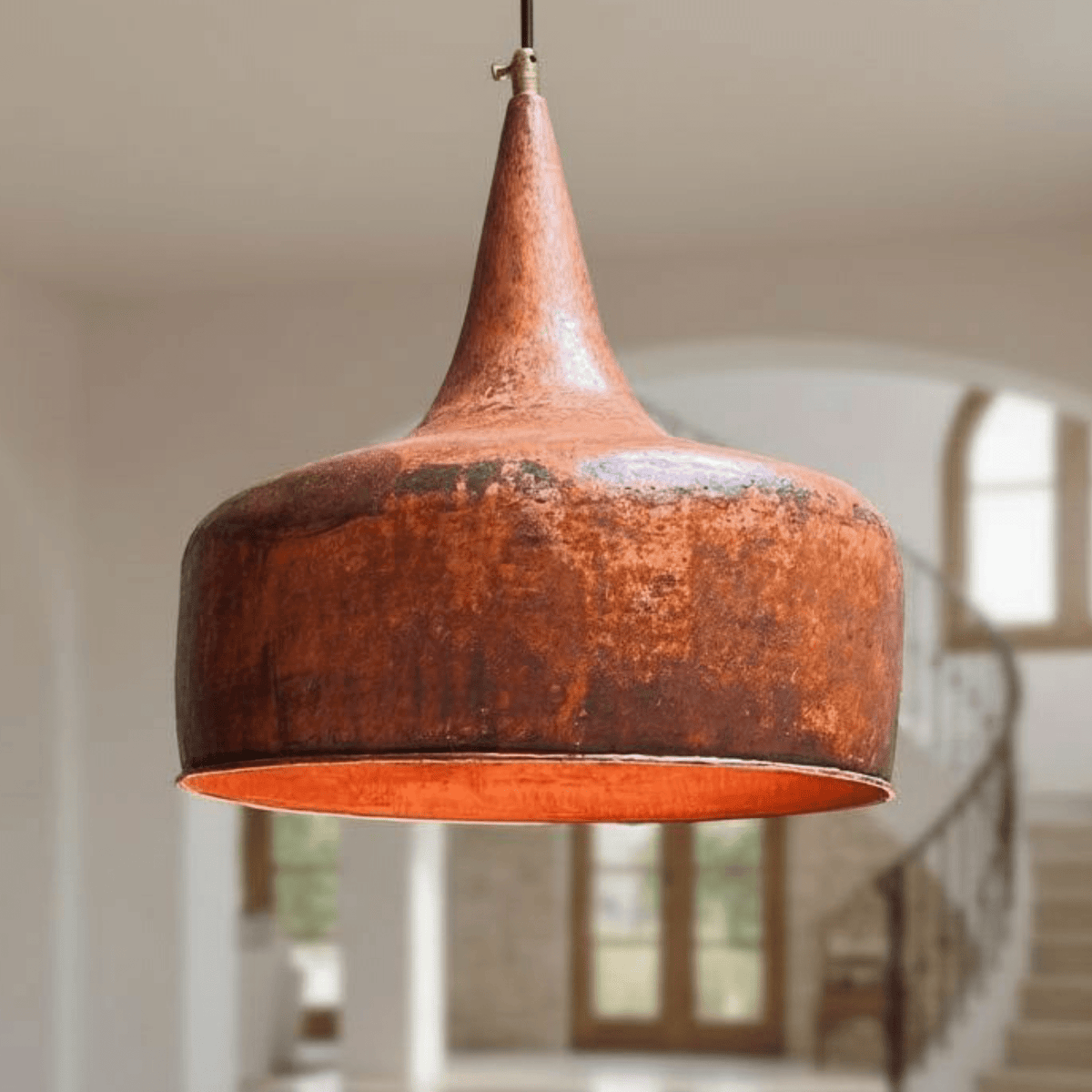 Hammered Copper Flared Dome Pendant - Rustic Ceiling Light – front view