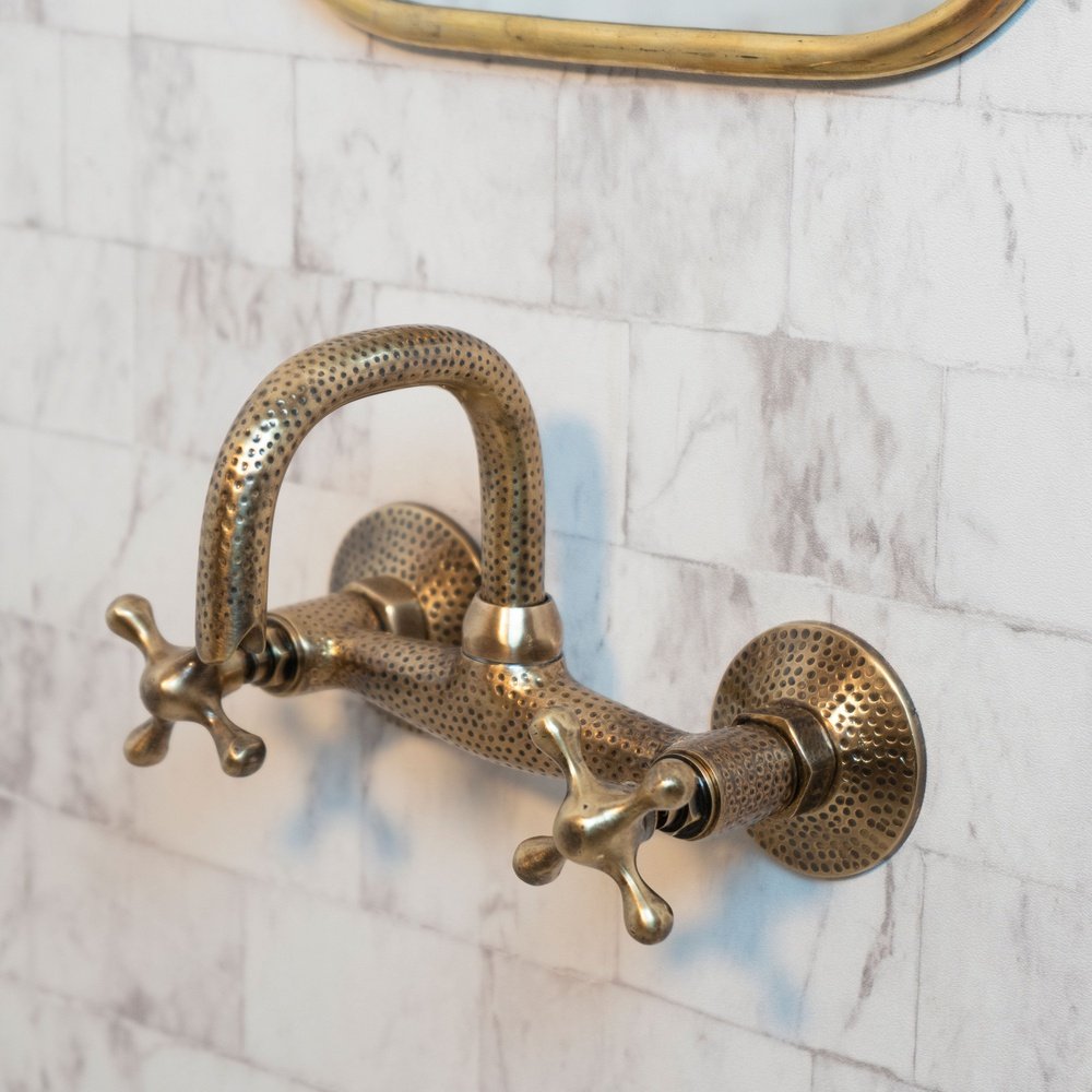 Hammered Unlacquered Brass Wall-Mounted Bathroom Faucet