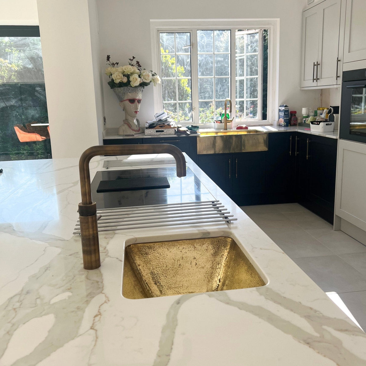 Handcrafted Unlacquered Brass Kitchen Sink - Single Bowl - close-up detail