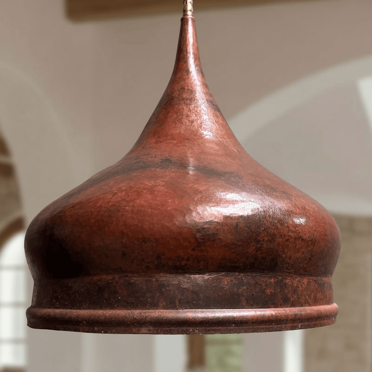 Hammered Copper Onion Dome Pendant - Rustic Fixture – detail of hand-hammered patina finish