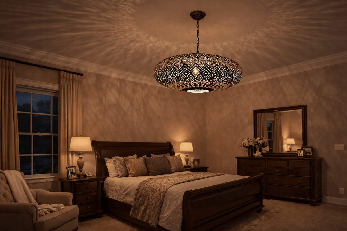Handmade Moroccan Brass Pendant Lamp - Exotic Ceiling Light – detail of hand-hammered patina finish