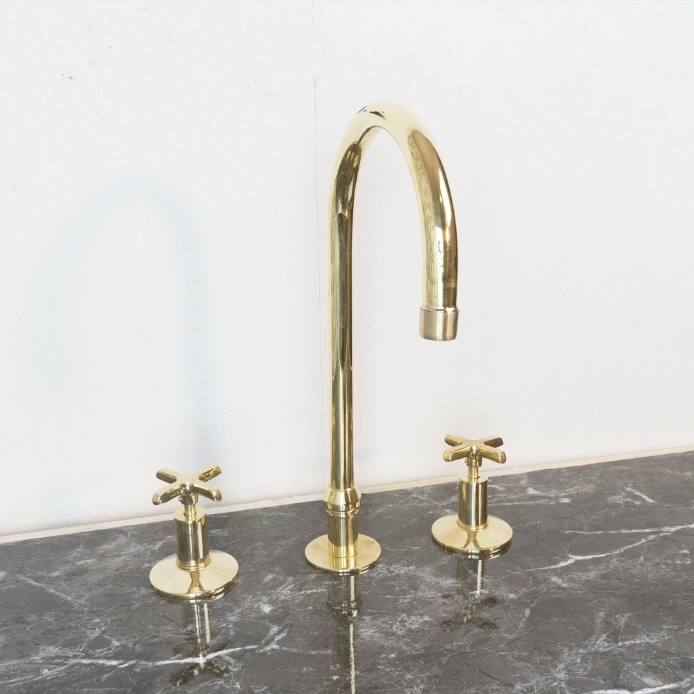 Handmade Unlacquered Brass Widespread Kitchen Faucet – 3-Hole