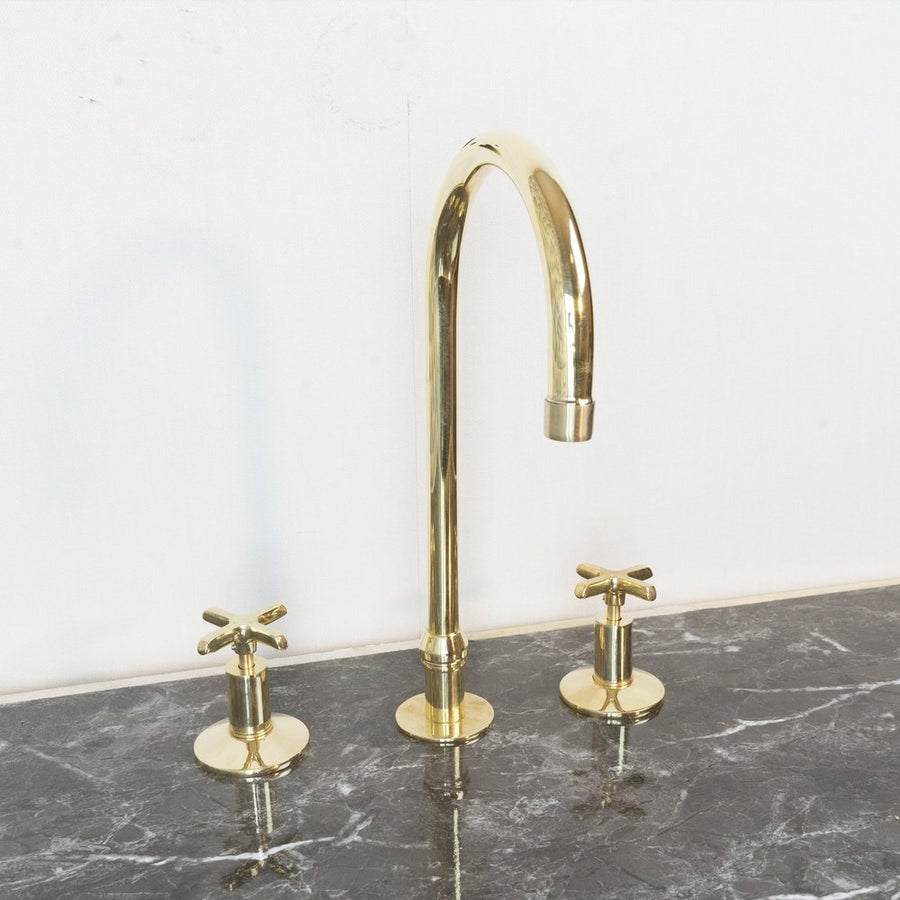 Handmade Unlacquered Brass Widespread Kitchen Faucet – 3-Hole