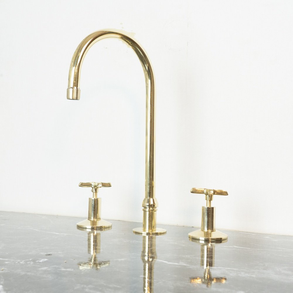 Handmade Unlacquered Brass Widespread Kitchen Faucet – 3-Hole – side profile