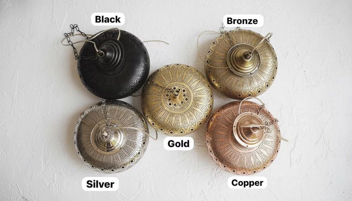 Moroccan Brass Pendant Light - Geometric Openwork Lamp – detail of hand-hammered patina finish
