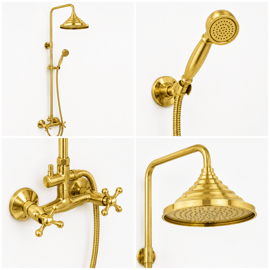 Brass Outdoor Rain Shower – Gold-Tone Wall-Mounted System