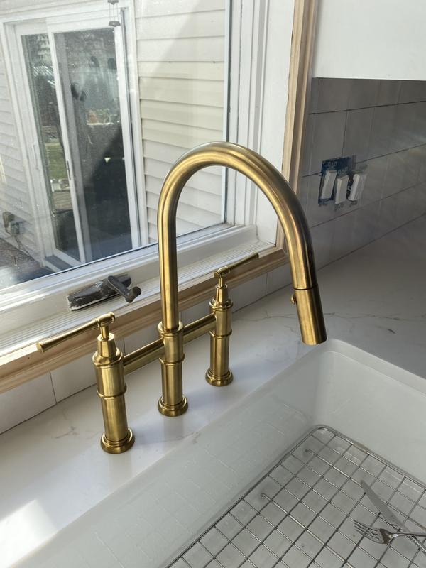 Unlacquered Brass Three-Hole Bridge Faucet – Pull-Down Spray, Lever Handles
