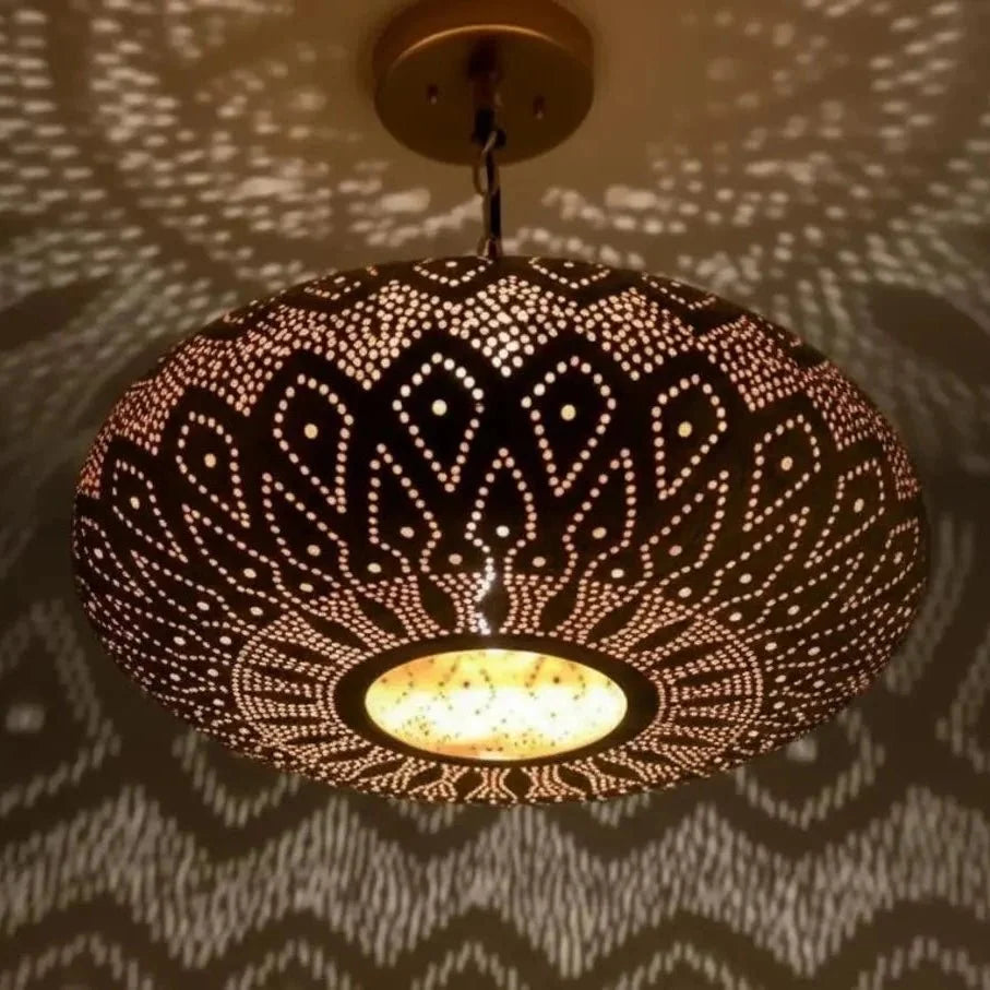 Moroccan Brass Pendant Light - Handmade Openwork Lamp – detail of hand-hammered patina finish