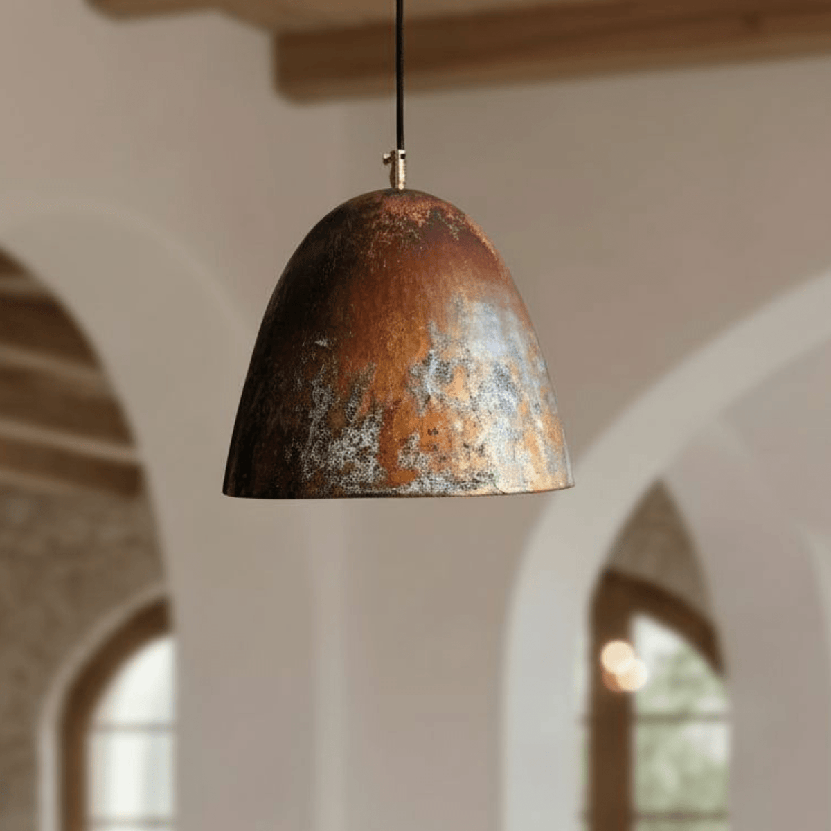 Oxidized Copper Dome Pendant - Warm Kitchen Ceiling Light – detail of hand-hammered patina finish