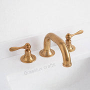 Gooseneck Widespread Unlacquered Brass Bathroom Faucet – High-Pressure, Lever Handles