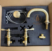 Gooseneck Widespread Unlacquered Brass Bathroom Faucet – High-Pressure, Lever Handles