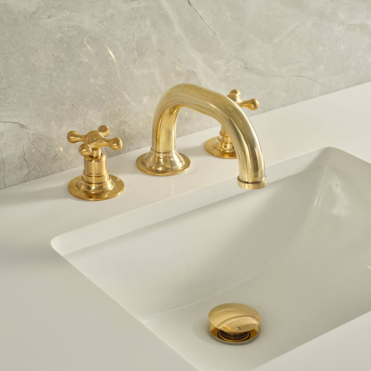 Gooseneck Widespread Unlacquered Brass Bathroom Faucet – High-Pressure Cross Handles