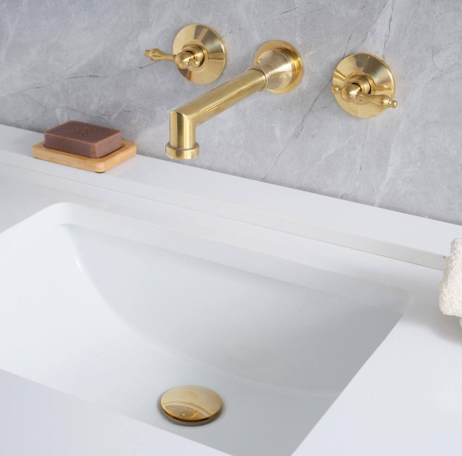 Avila Unlacquered Brass Wall-Mount Bathroom Faucet – Lever Handles