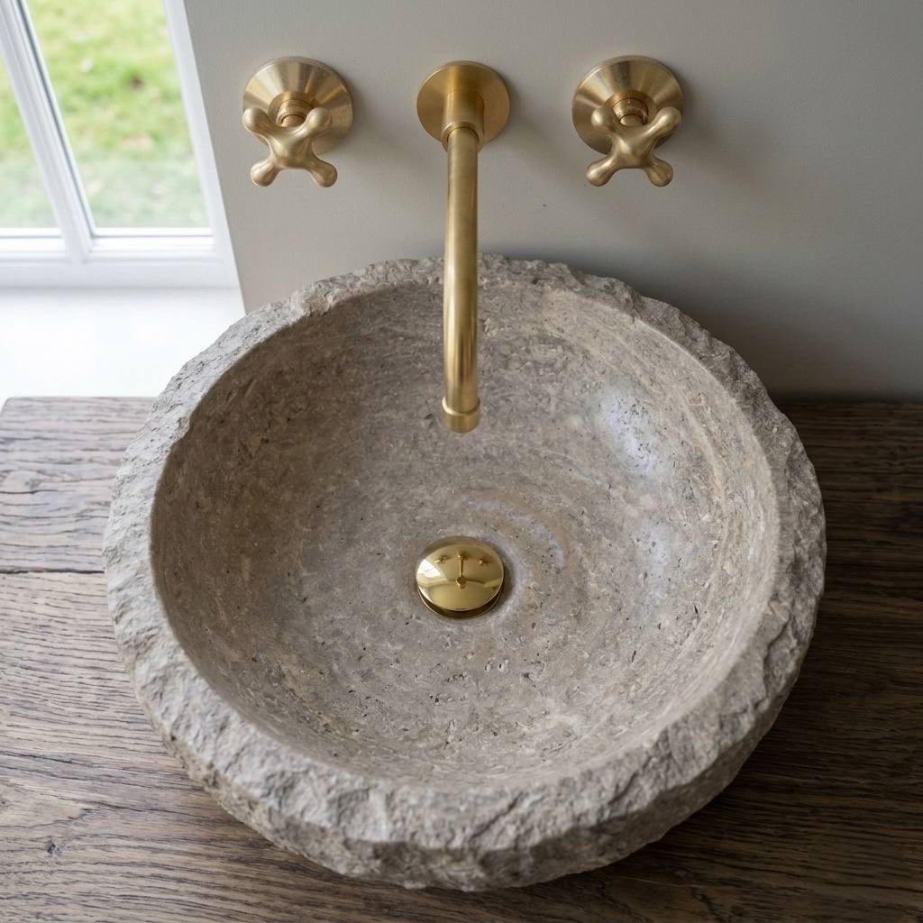 Wichita Wall-Mount Bathroom Faucet – Cross Handles - installed above a bathroom vanity