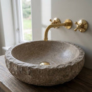 Wichita Unlacquered Brass Wall-Mount Bathroom Faucet – Cross Handles