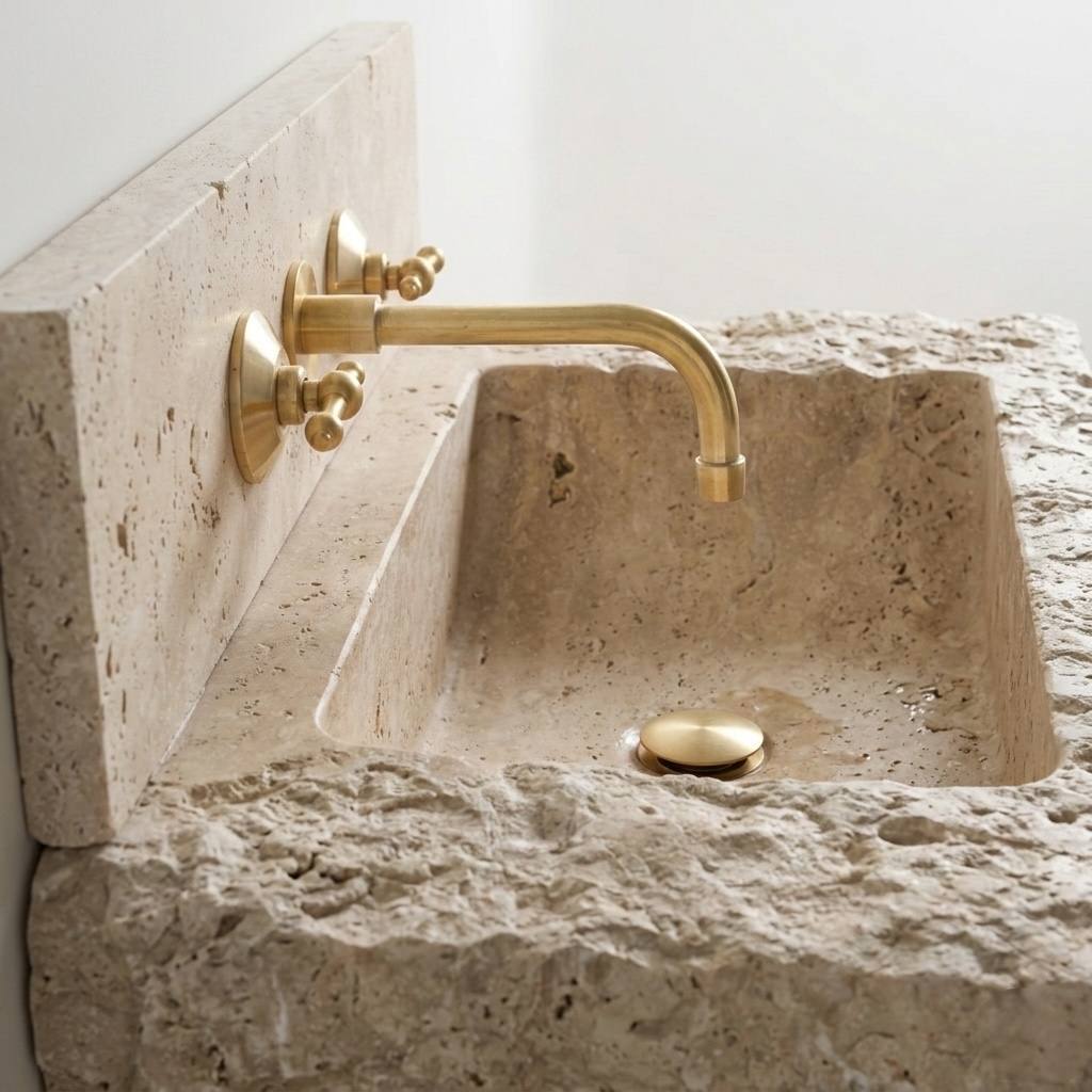 Wichita Wall-Mount Bathroom Faucet – Lever Handles - installed above a bathroom vanity