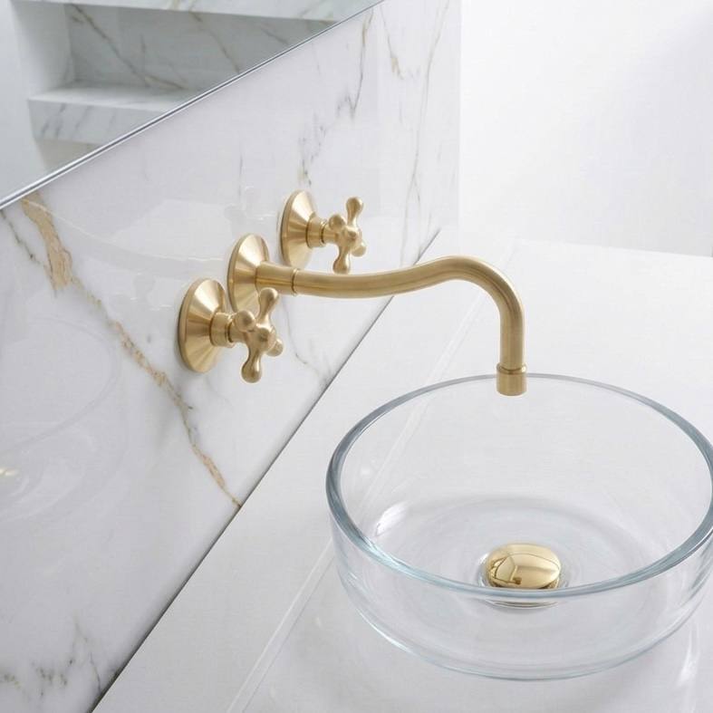 Verona Wall-Mount Bathroom Faucet – Cross Handles - installed above a bathroom vanity