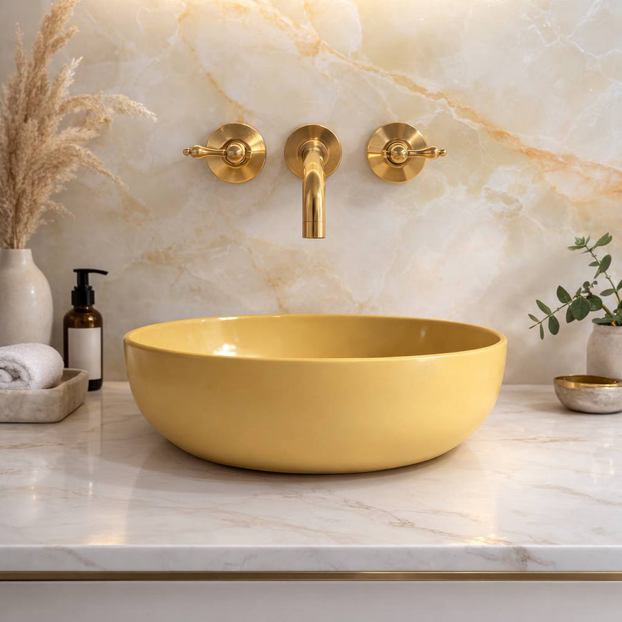 Clayton Unlacquered Brass Wall-Mount Bathroom Faucet – Lever Handles