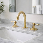 Compact Unlacquered Brass Widespread Bathroom Faucet – Lever Handles