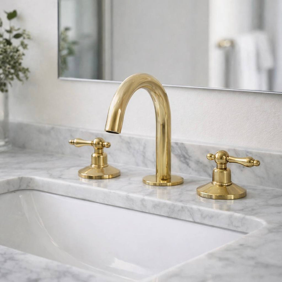 Compact Unlacquered Brass Widespread Bathroom Faucet – Lever Handles