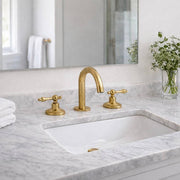 Compact Unlacquered Brass Widespread Bathroom Faucet – Lever Handles